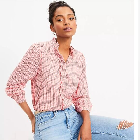 NEW Ann Taylor Loft Plaid Ruffle Long Sleeve Button Down Shirt Size M - Picture 1 of 3